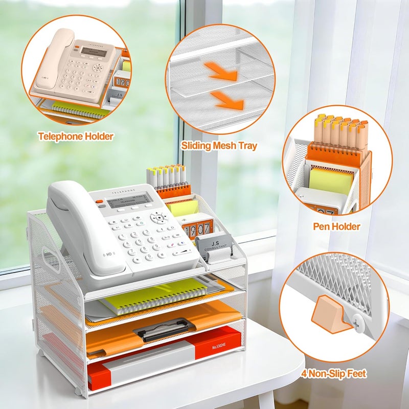 Docnest 4 Tier Metal Mesh Letter Tray - Space Saving Desk File Organizer with Handle, Pen Holder & Folder Holder - Desktop Document Sorter for Office, Home, School, Classroom - White - Image 4